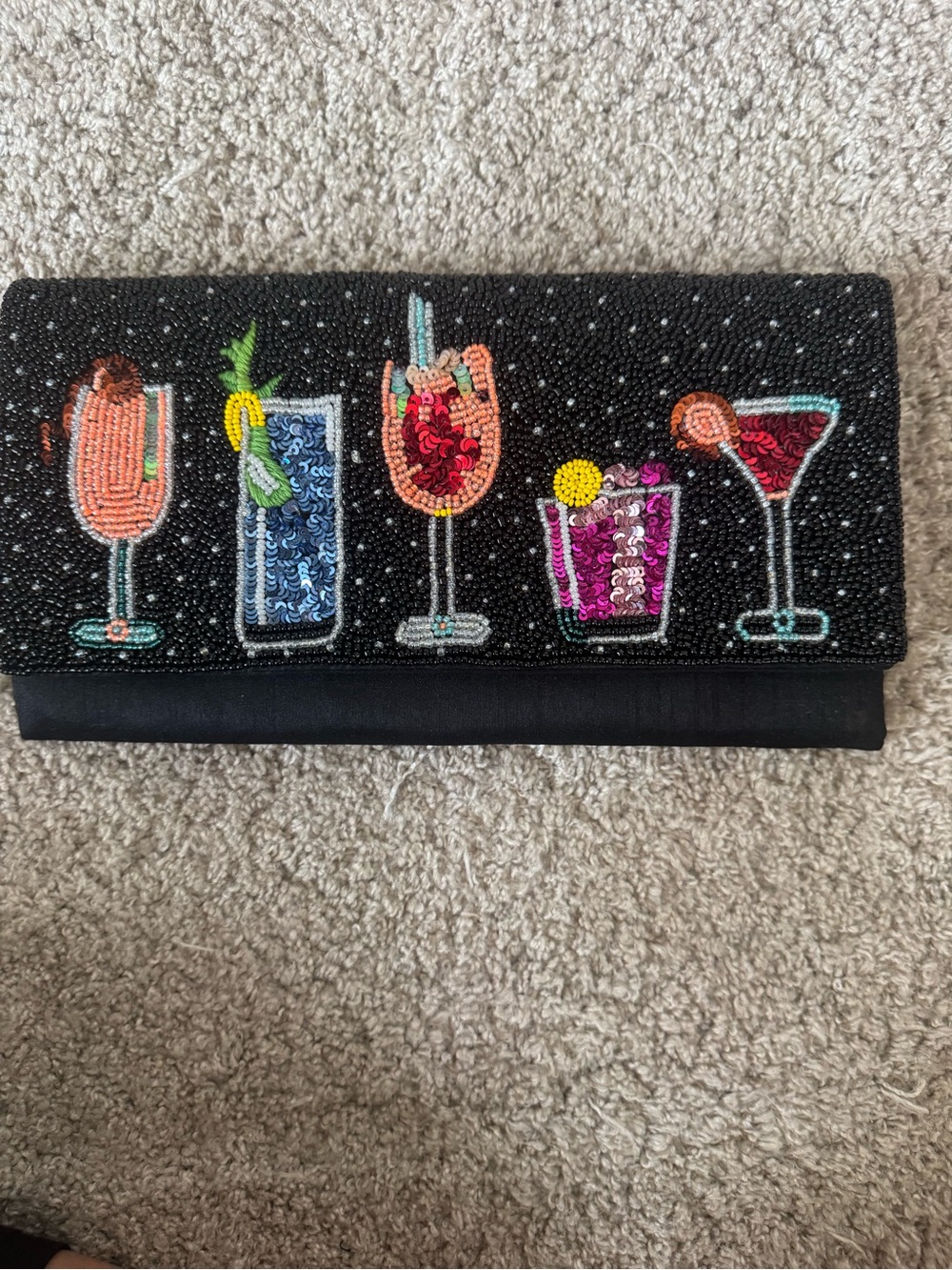 Beaded Black Cocktail Motif Clutch - Sequin Drink Design